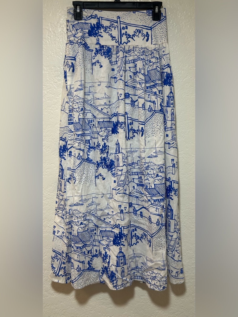 Calypso St. Barth Blue and White Scenic Print Maxi Skirt with Pockets